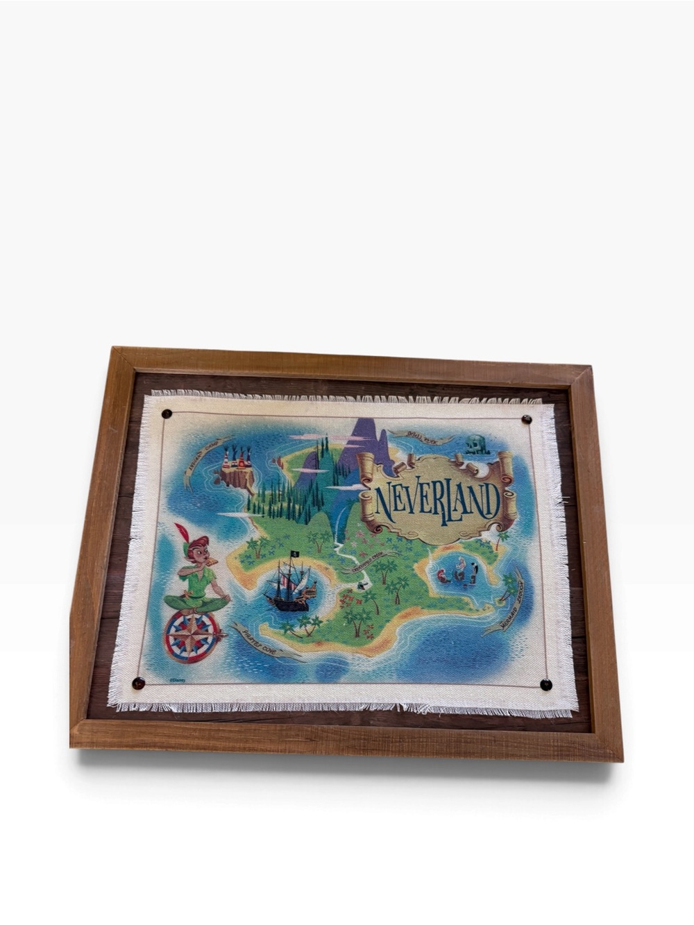 Disney Peter Pan Neverland Map Framed Wood Wall Decor 15" W x 12" L- New